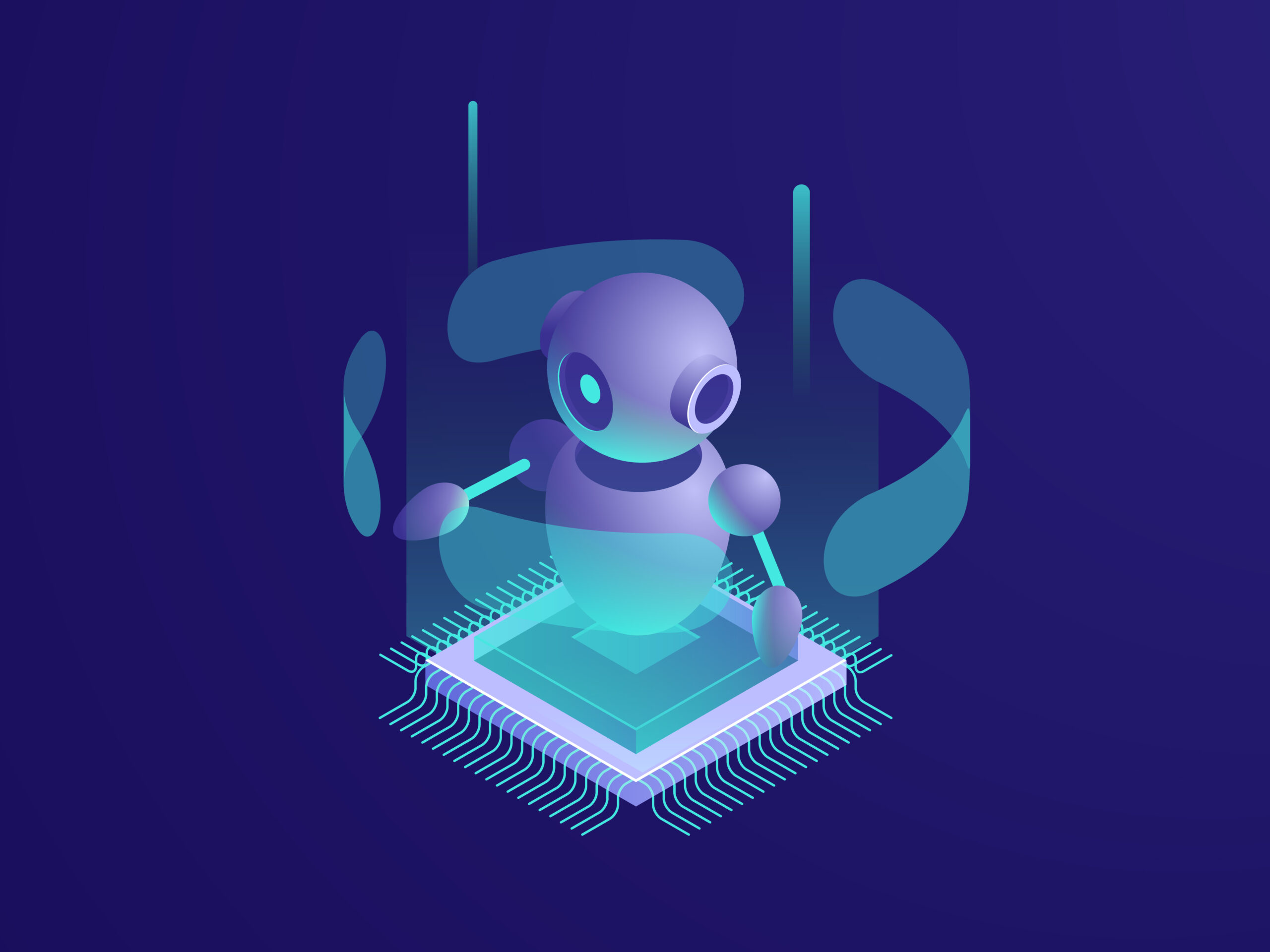 Artificial intelligence ai robot, server room, digital technology banner, computer equipment, big data processing, automated process isometric vector neon